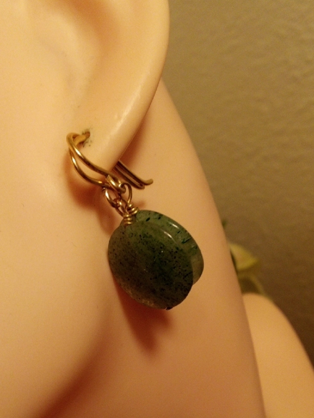 Handmade Green Stone Drop‎ Earrings with Gold Hooks